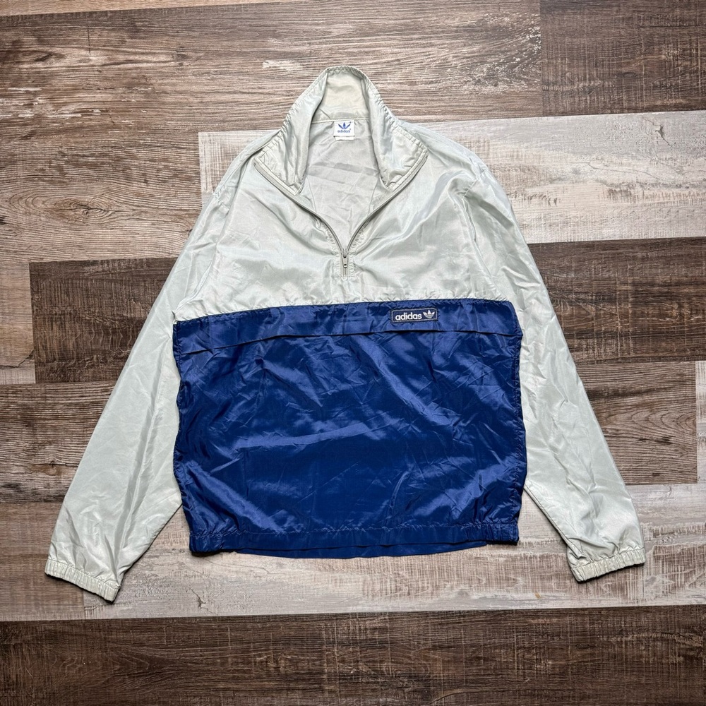 Vintage 80s Adidas Windbreaker Mens Small Pullover Lightweight Silver Blue